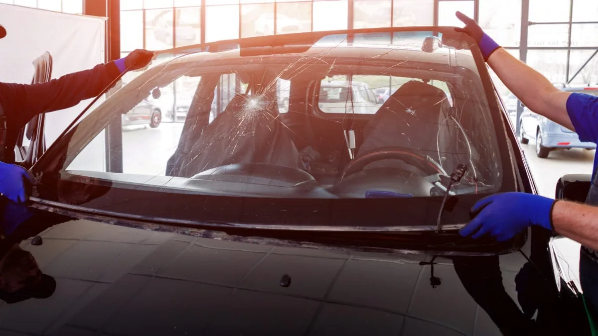 Professional auto glass repairmen replacing windshield