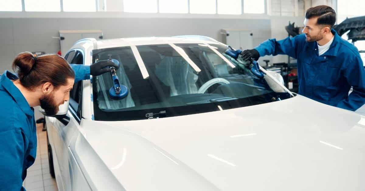 Auto glass professionals installing windshield