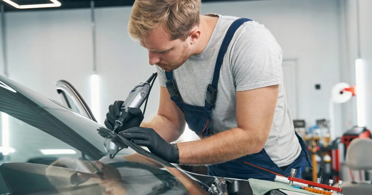 Man cleaning out a windshield glass chip during repair
